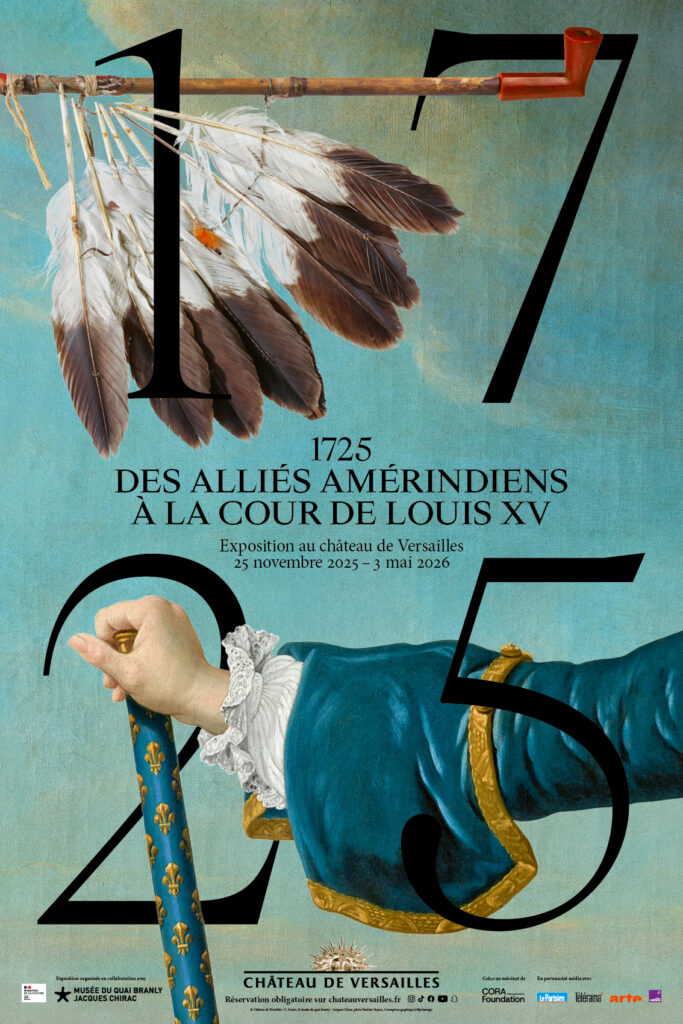 Illustrative graphic of an exhibition poster with 1725 overlayed on a blue background with images of a hand and a peace pipe.